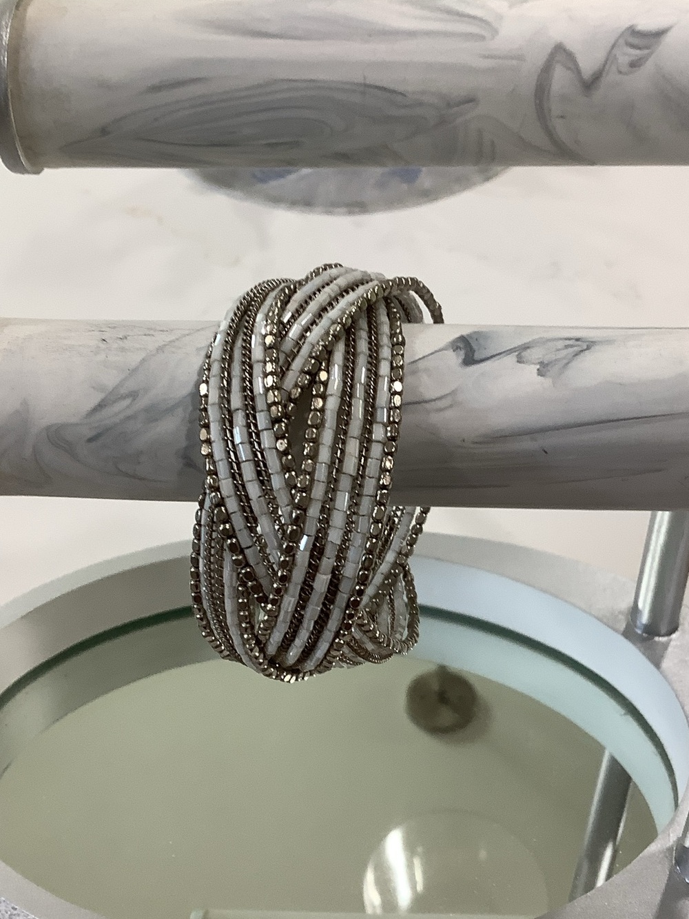 Multi-Strand White and Silver Beaded Twist Bracelet